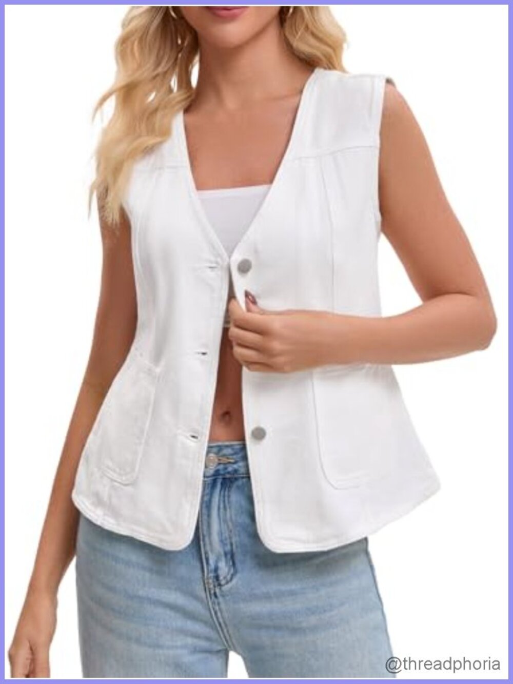 Sleeveless Denim Vest V Neck Button Down Jean Jacket Patch Pockets
